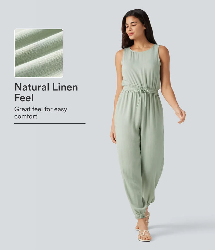 Rund hals ärmlös dragsko linnekänsla vardaglig jumpsuit med fickor