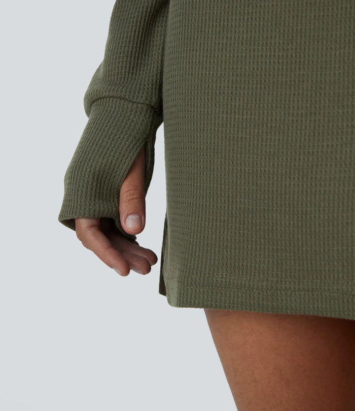 Båtringad raglan ärm tumhål fåll våffelstruktur vardaglig sweatshirt klänning