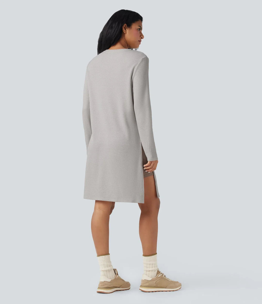 Rund hals långärmad lång modell våffelstruktur stickad vardaglig sweatshirt