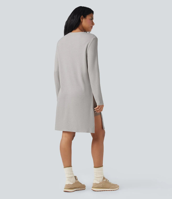 Rund hals långärmad lång modell våffelstruktur stickad vardaglig sweatshirt