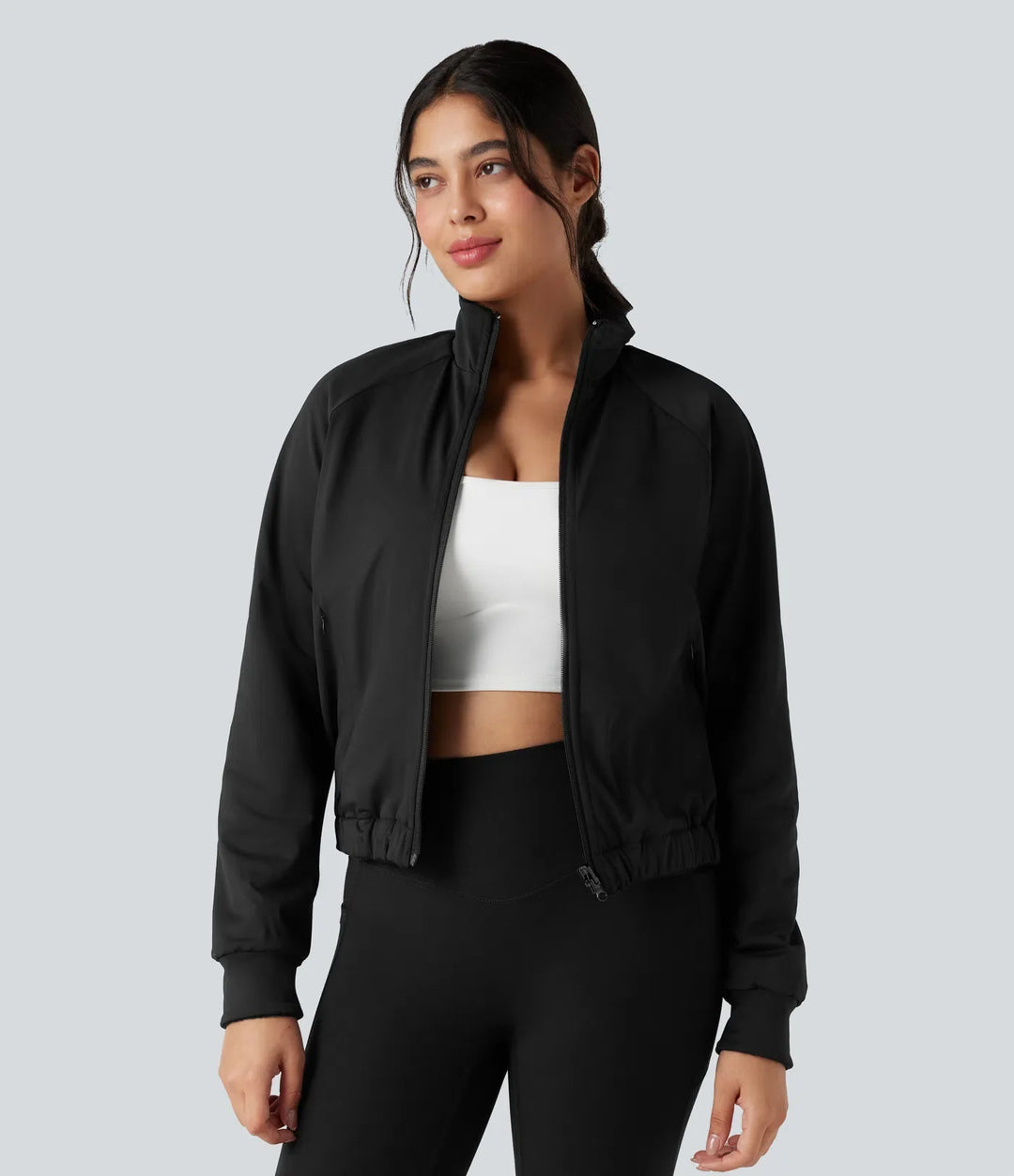 Vändbar hög hals långärmad fleece vandringsjacka med fickor (två looks i en)
