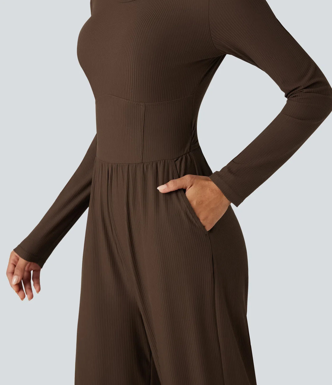 Ribbad rund hals långärmad korsett vardaglig jumpsuit med fickor-Easy Peezy Edition