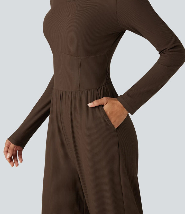Ribbad rund hals långärmad korsett vardaglig jumpsuit med fickor-Easy Peezy Edition