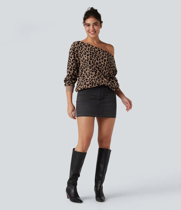 Enaxlad långärmad våffelstruktur leopard vardaglig sweatshirt med fickor