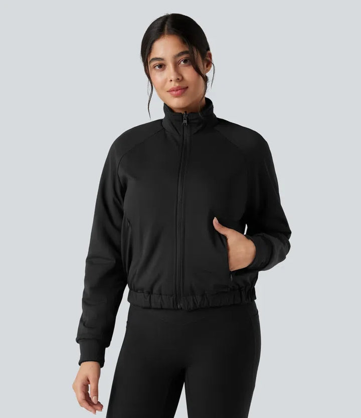 Vändbar hög hals långärmad fleece vandringsjacka med fickor (två looks i en)