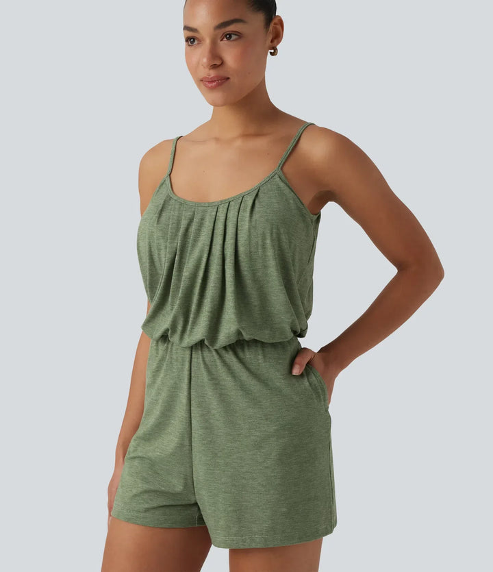 U-ringad justerbara axelband veckad inbyggd BH vardaglig playsuit med fickor-Easy Peezy