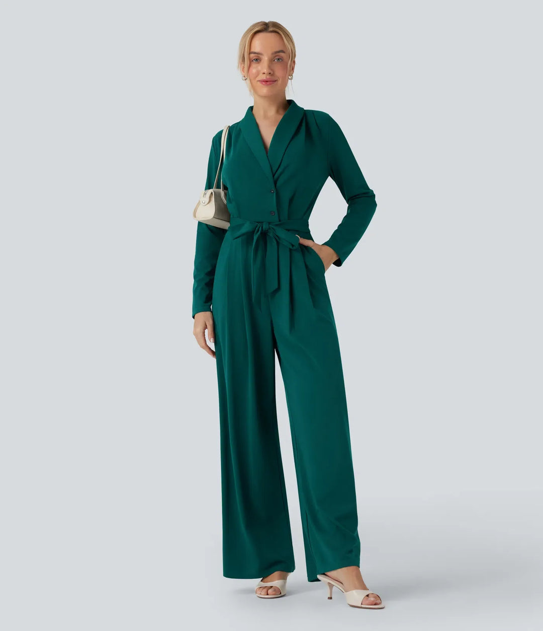 V-ringad långärmad bältad jumpsuit med fickor-Easy Peezy