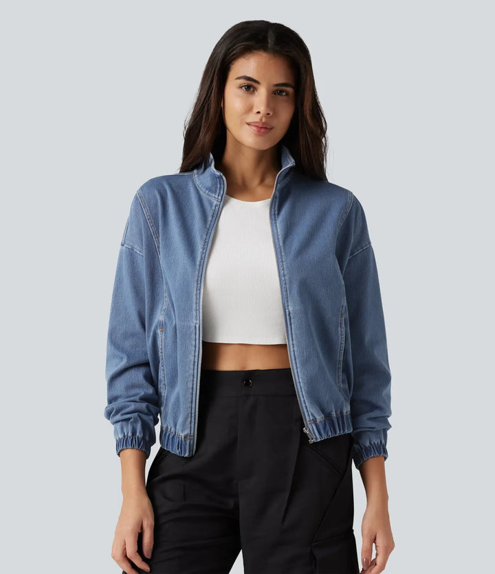 Lyckera Flex hög hals långärmad denim vardaglig jacka med fickor