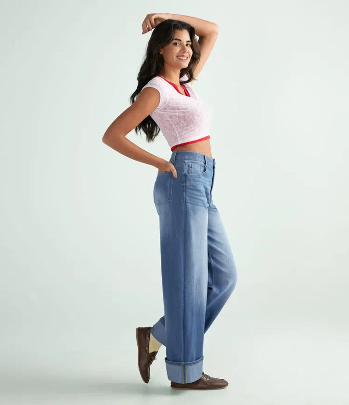 Lyckera Flex högmidjad fickor upprullad fåll vida ben tvättad vardagsjeans