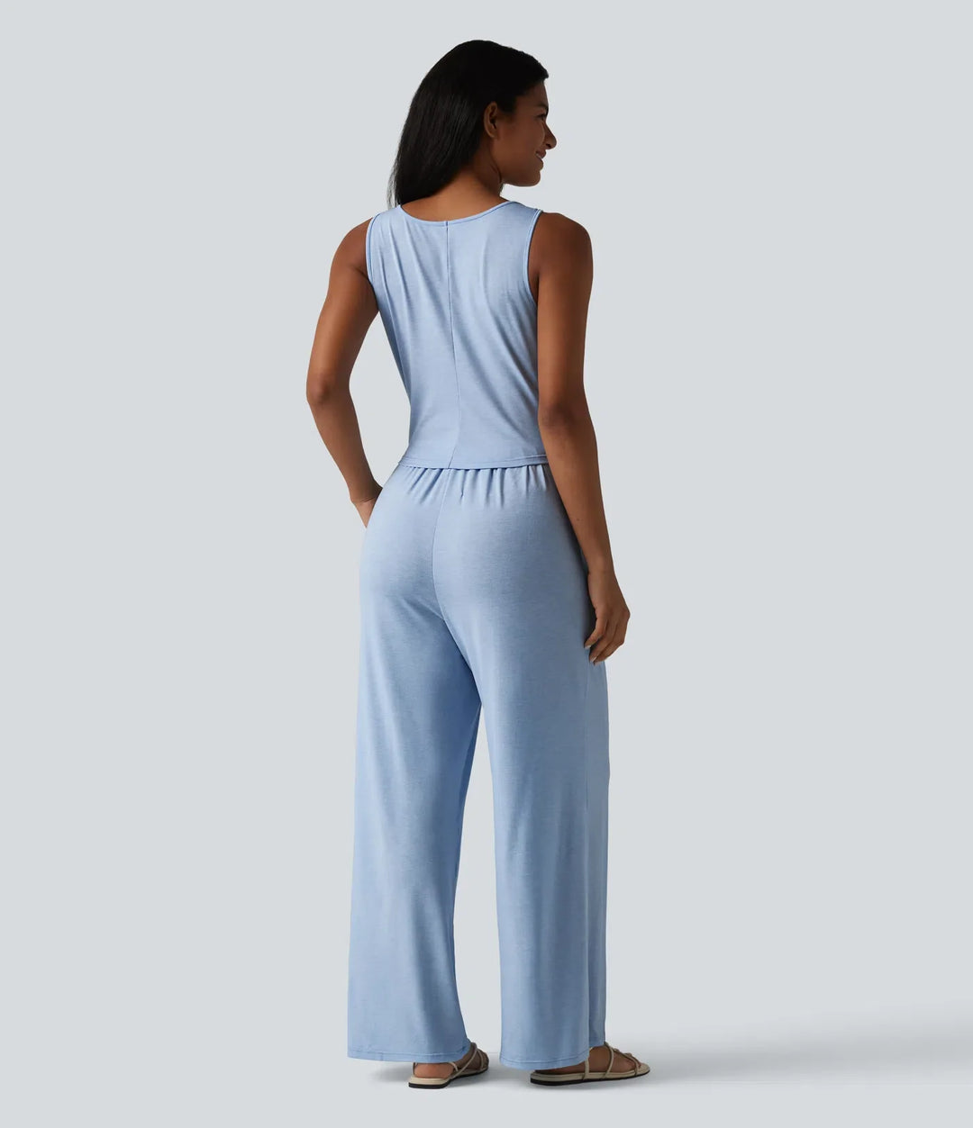 V-ringad ärmlös knytning fram vida ben vardaglig jumpsuit med fickor-Easy Peezy Edition