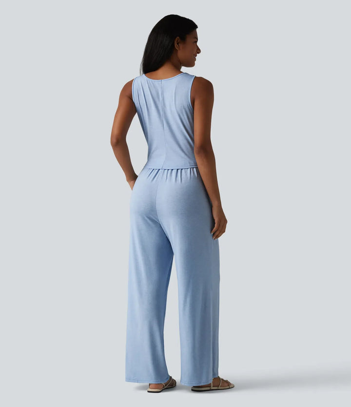 V-ringad ärmlös knytning fram vida ben vardaglig jumpsuit med fickor-Easy Peezy Edition