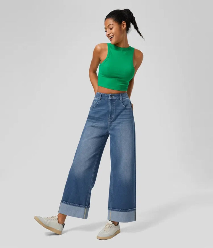 Halara Flex med hög midja och fickor upprullad fåll vida ben tvättad vardagsjeans