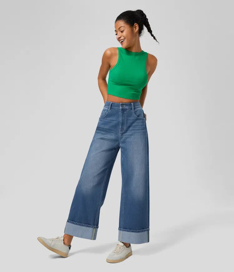 Lyckera Flex högmidjad fickor upprullad fåll vida ben tvättad vardagsjeans