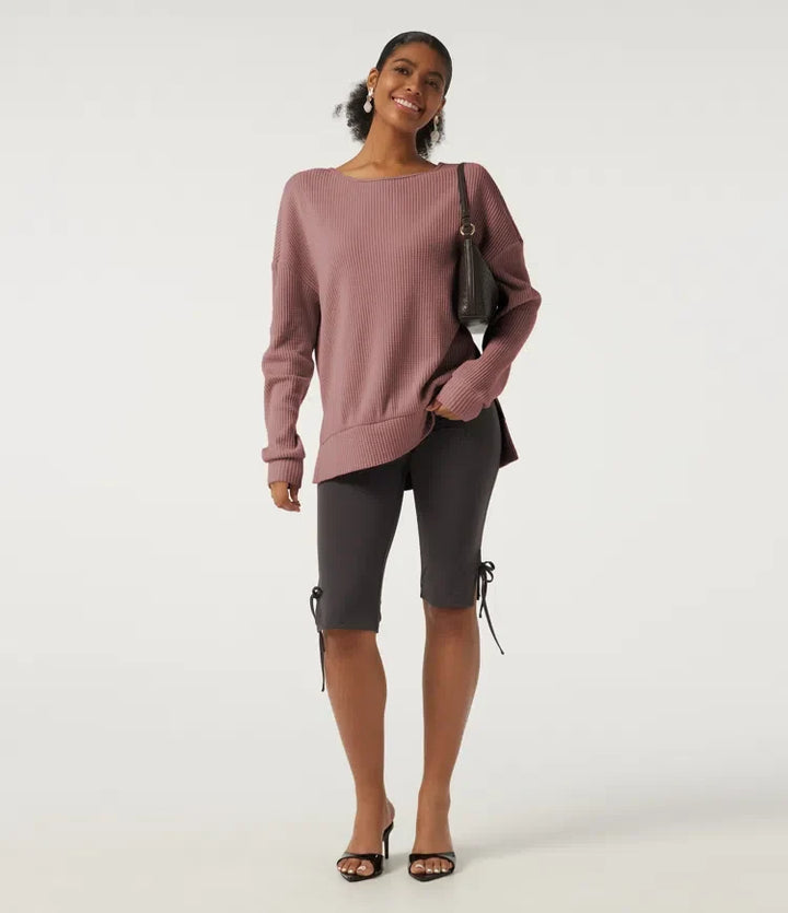 Rund hals långärmad slits fåll vardaglig sweatshirt