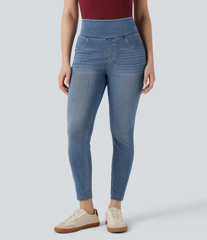 Halara Flex med hög midja rumplyftande magkontroll smal denim för vardag 7/8 leggings med fickor