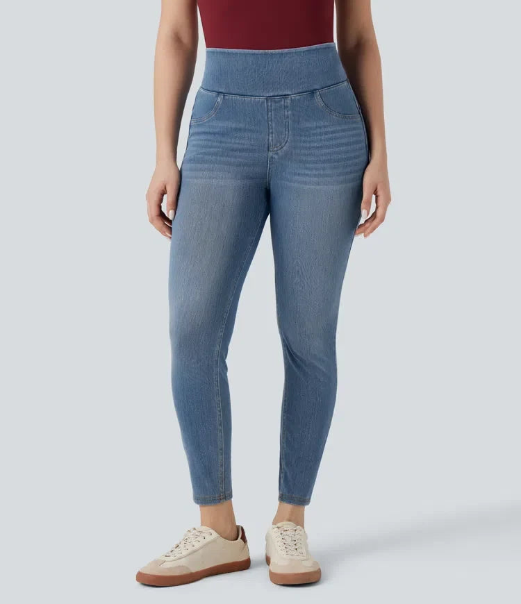 Halara Flex med hög midja rumplyftande magkontroll smal denim för vardag 7/8 leggings med fickor