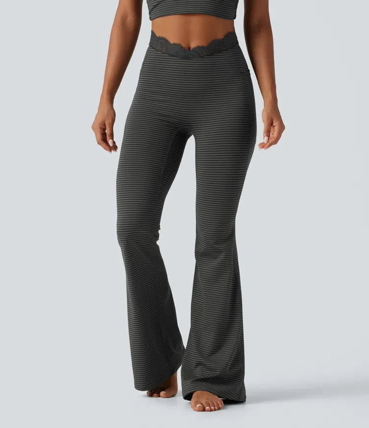 V-formad med hög midja kontrastspets rand yoga utsvängd leggings med fickor
