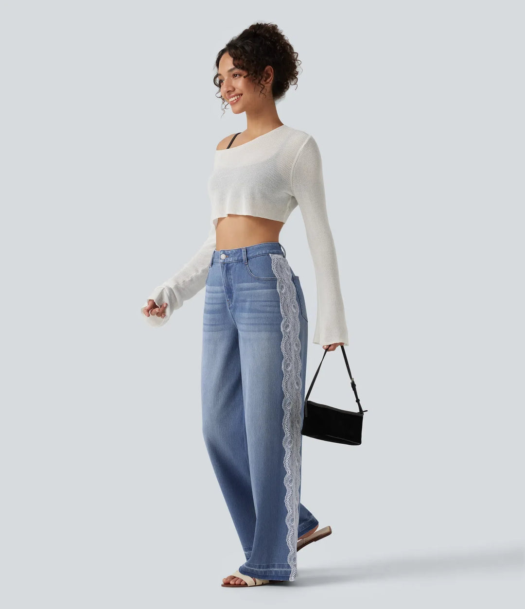 Halara Flex med hög midja kontrastspets baggy vardagsjeans med fickor