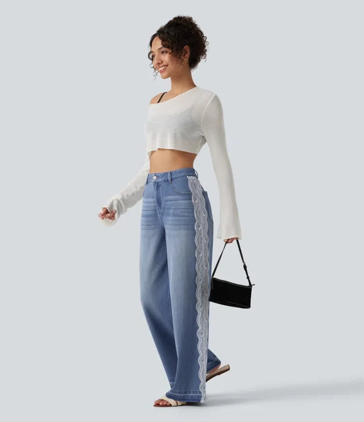 Halara Flex med hög midja kontrastspets baggy vardagsjeans med fickor