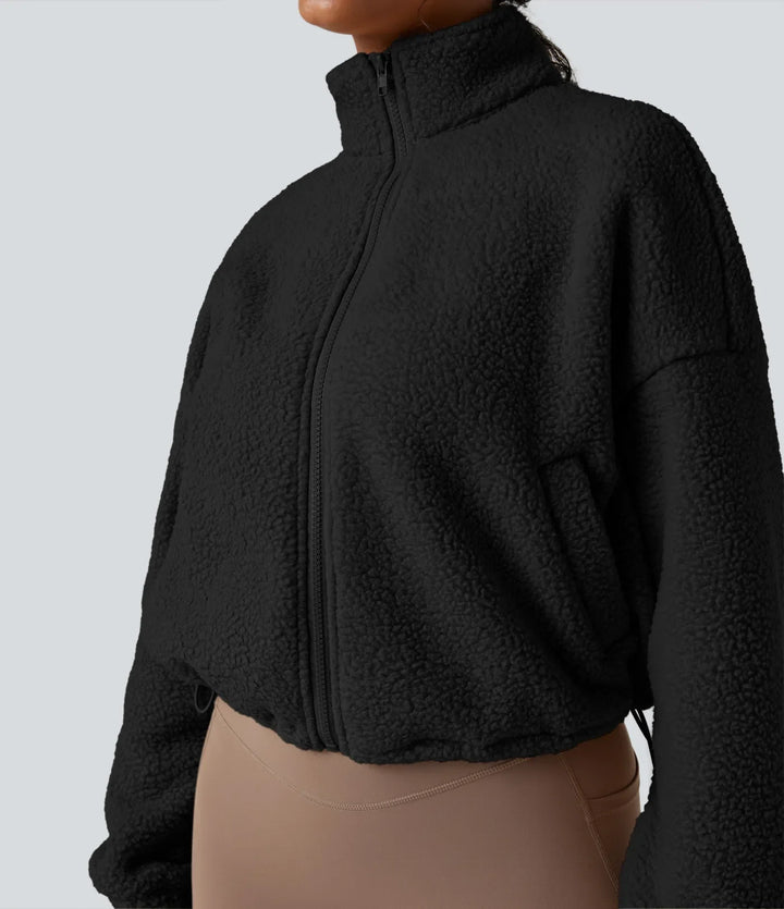 Hög hals långärmad dragkedja fleece träningsjacka med fickor