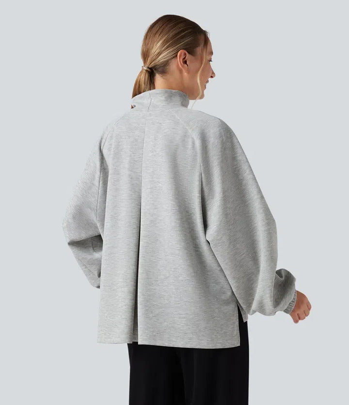 Halvpolo långärmad hög-låg vardaglig sweatshirt med ficka