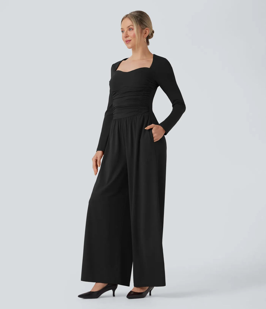 Hjärtformad urringning långärmad rynkat vardaglig jumpsuit med fickor-Easy Peezy Edition