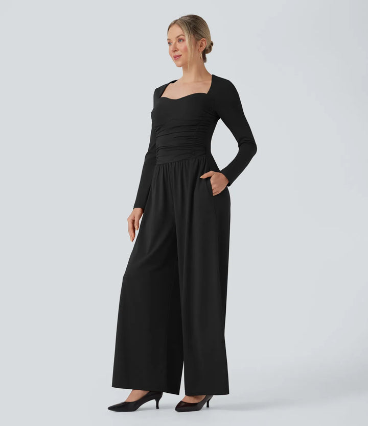 Hjärtformad urringning långärmad rynkat vardaglig jumpsuit med fickor-Easy Peezy Edition