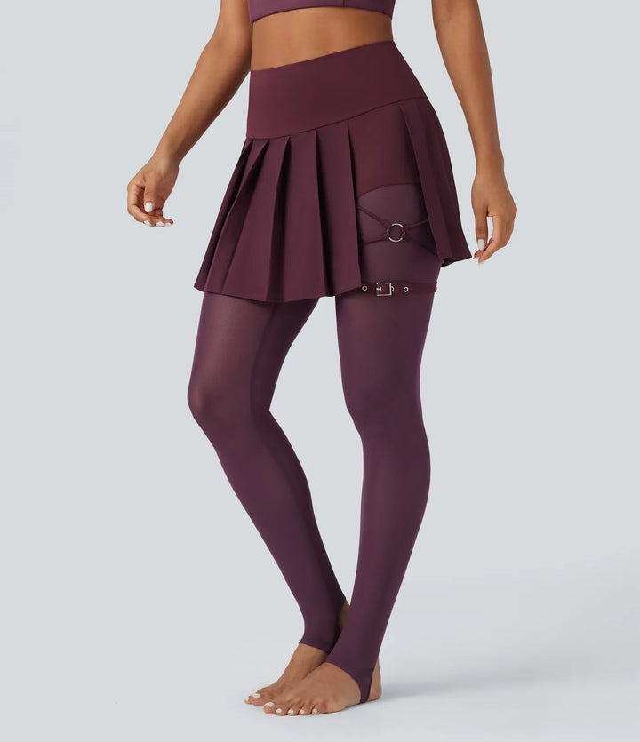 Breezeful med hög midja plisserad 2-i-1 kontrastmesh snabbtorkande dans stigbygel leggings med kjol med fickor