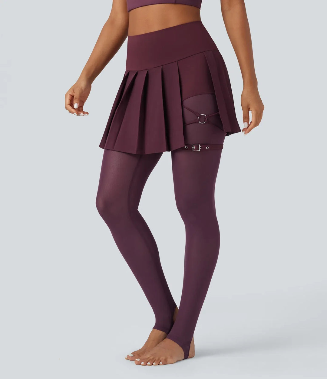Breezeful högmidjad veckad 2-i-1 kontrastmesh snabbtorkande dans stigbygel leggings med kjol med fickor