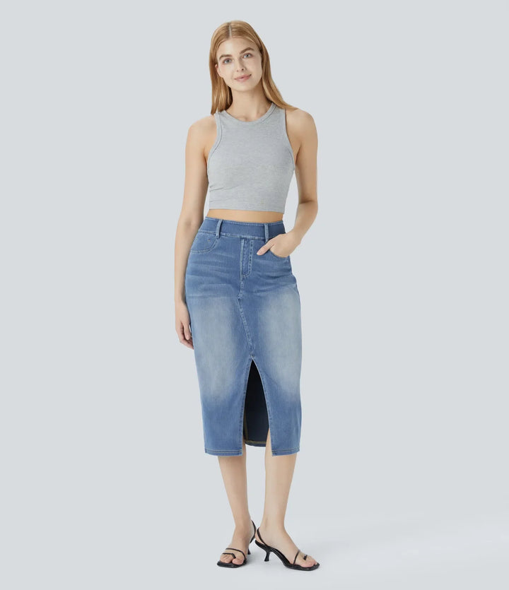 Halara Flex med hög midja och fickor figurnära tvättad denim för vardag midi kjol