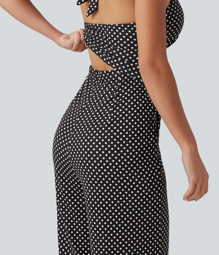 Halterneck ärmlös rygglös inbyggd BH prickig mönster resortjumpsuit med fickor-Easy Peezy