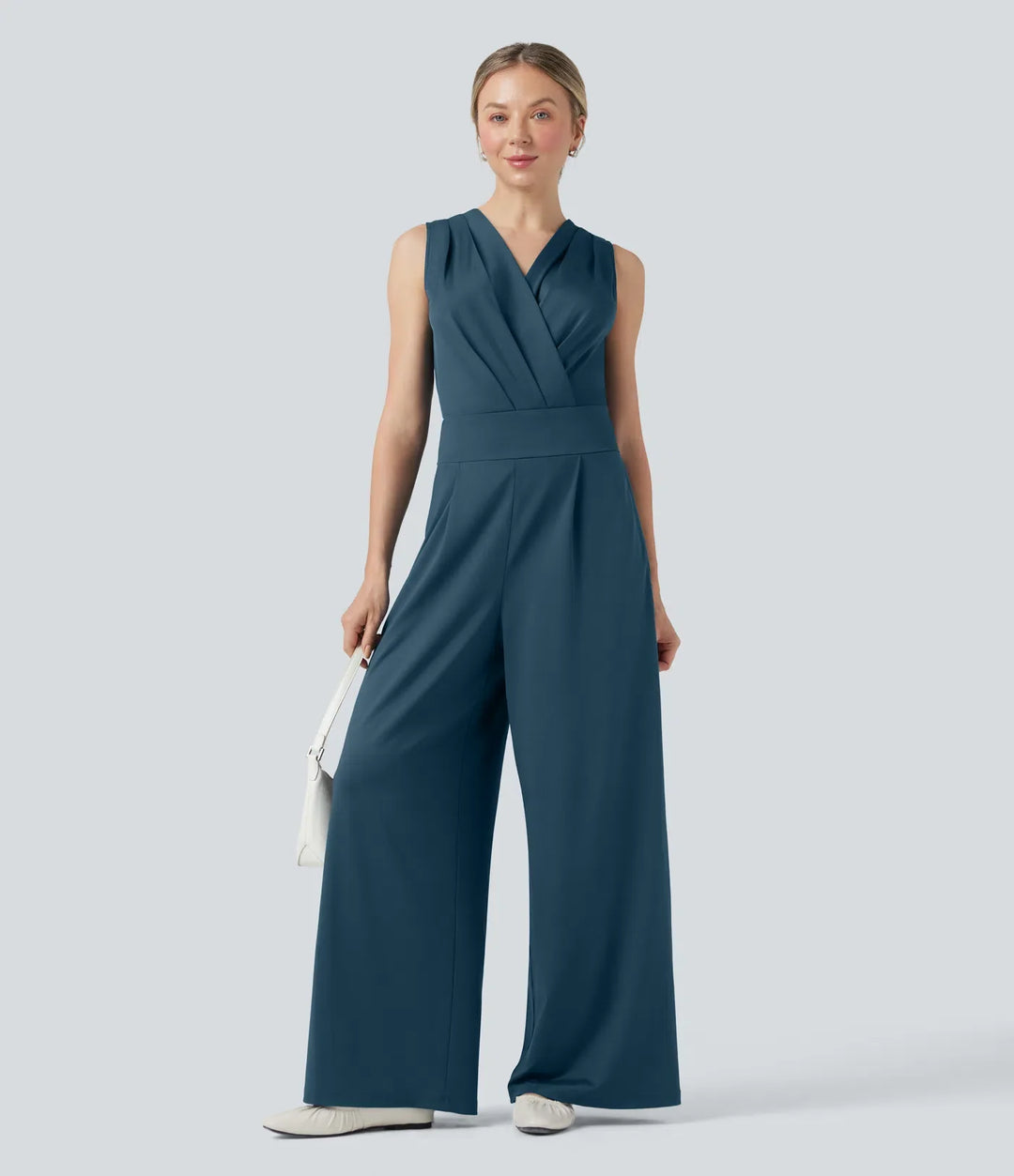 V-ringad ärmlös veckad crossover magkontroll vardaglig jumpsuit med fickor-Easy Peezy
