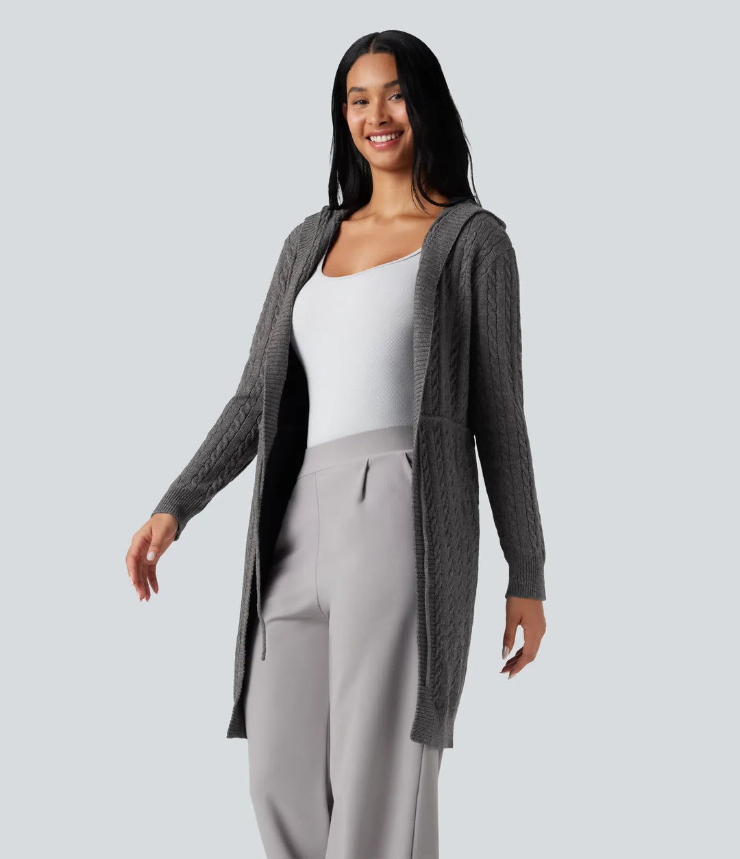 Med huva långärmad dragsko vardaglig lång modell cardigan