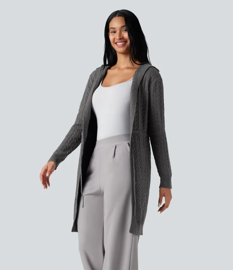 Med huva långärmad dragsko vardaglig lång modell cardigan