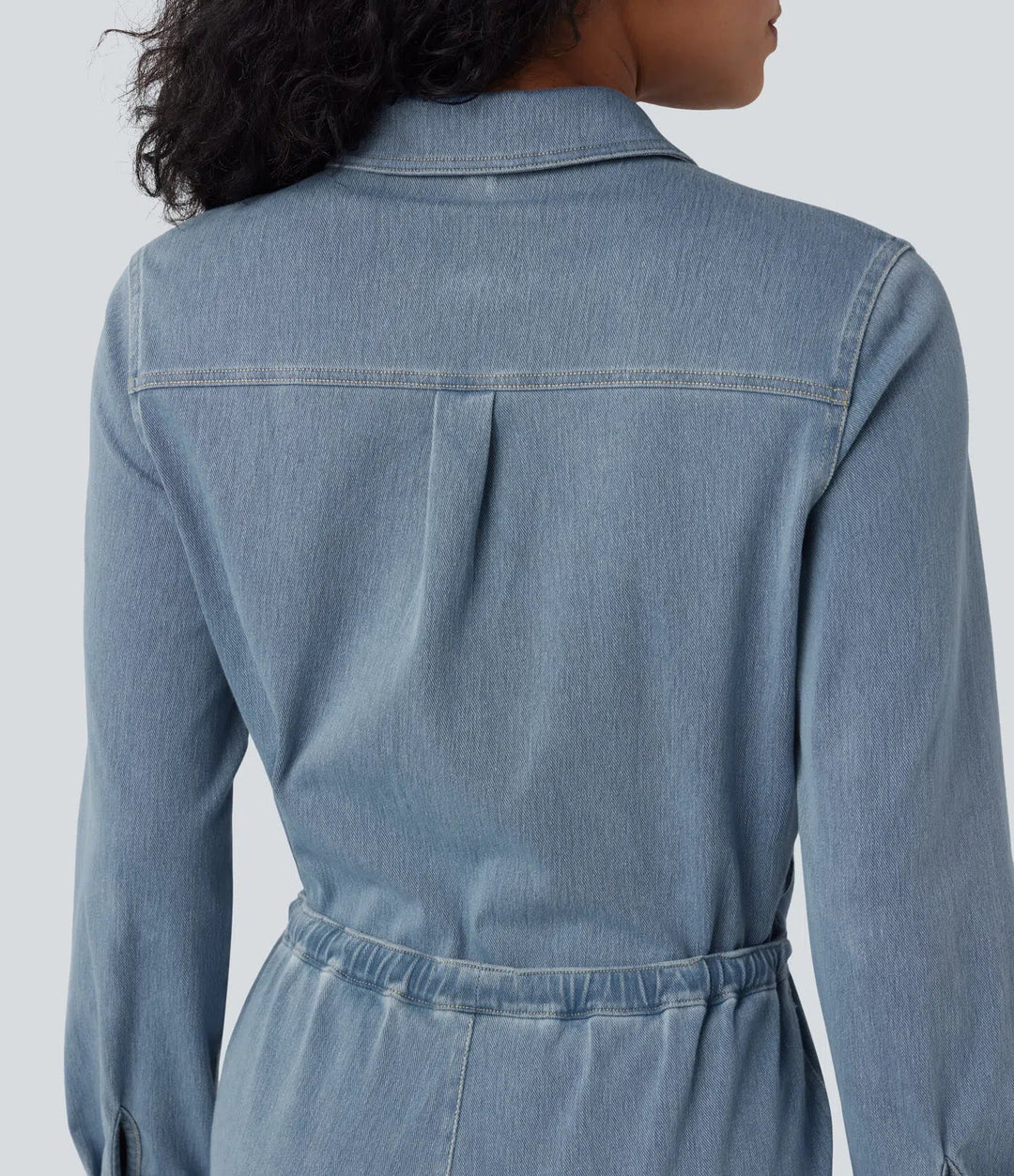 Lyckera Flex långärmad dragsko vida ben tvättad denim vardaglig jumpsuit med fickor-Easy Peezy Edition