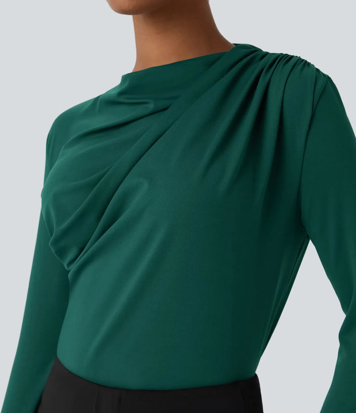 Draperad hals rynkat långärmad smal arbetstopp