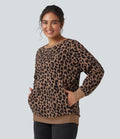 Rund hals långärmad leopard våffelstruktur oversized vardaglig sweatshirt med fickor