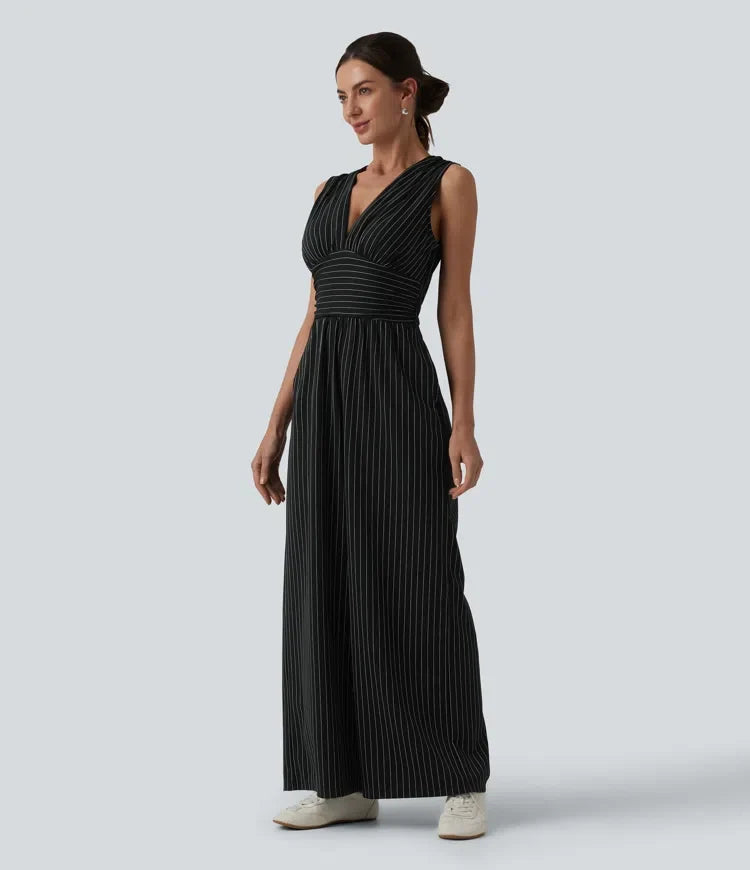 V-ringning ärmlös rynklad ränder för arbete jumpsuit med fickor – Easy Peezy