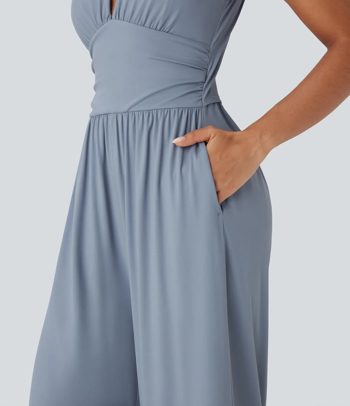 SoftlyZero luftig V-ringad ärmlös rynkat ficka InstantCool vardaglig jumpsuit-Easy Peezy