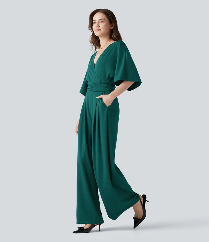 V-ringad halvlång ärm knytning i ryggen arbete baggy jumpsuit med fickor-Easy Peezy