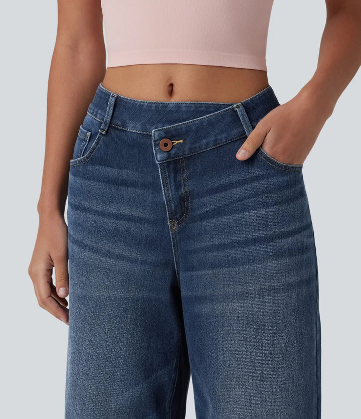 Lyckera Flex asymmetrisk medelhög midja vida ben vardagsjeans med fickor