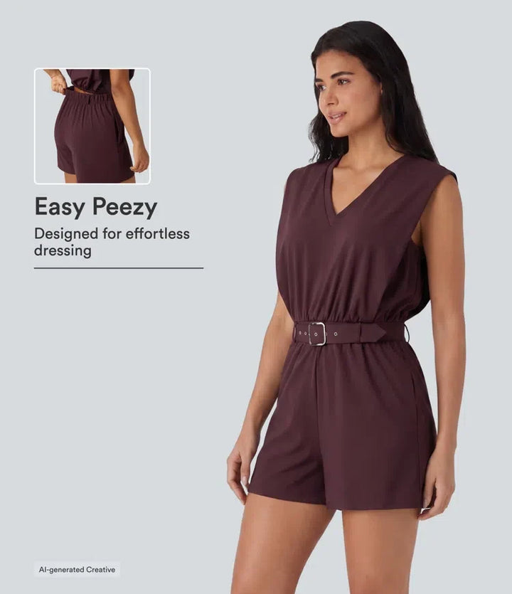 SoftlyZero luftig V-ringad ärmlös bältad InstantCool vardaglig playsuit med fickor-Easy Peezy Edition