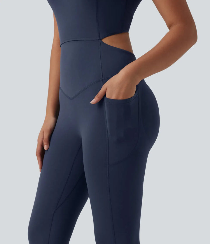 Lyckera UltraSculpt V-ringad magkontroll rumplyftande träning jumpsuit med fickor-Easy Peezy Edition