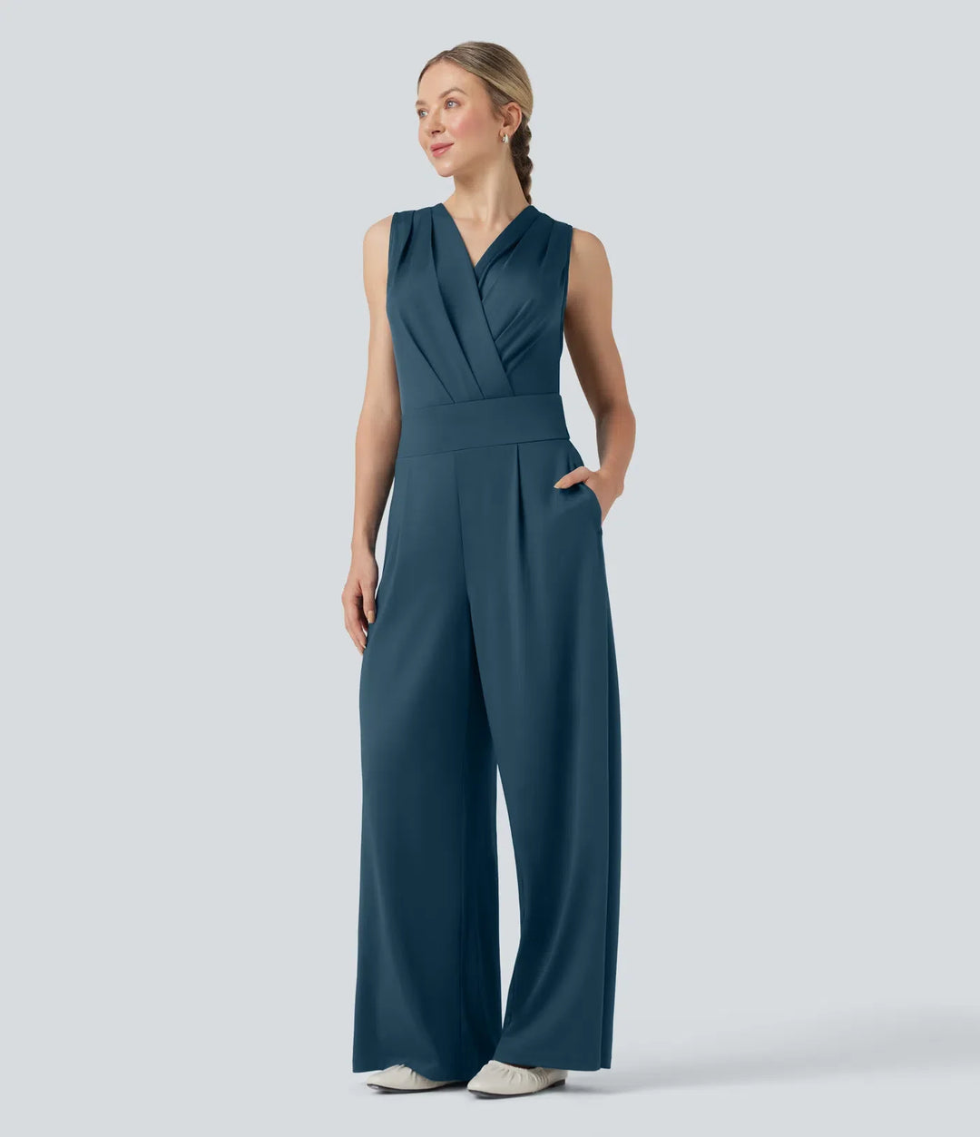 V-ringad ärmlös veckad crossover magkontroll vardaglig jumpsuit med fickor-Easy Peezy