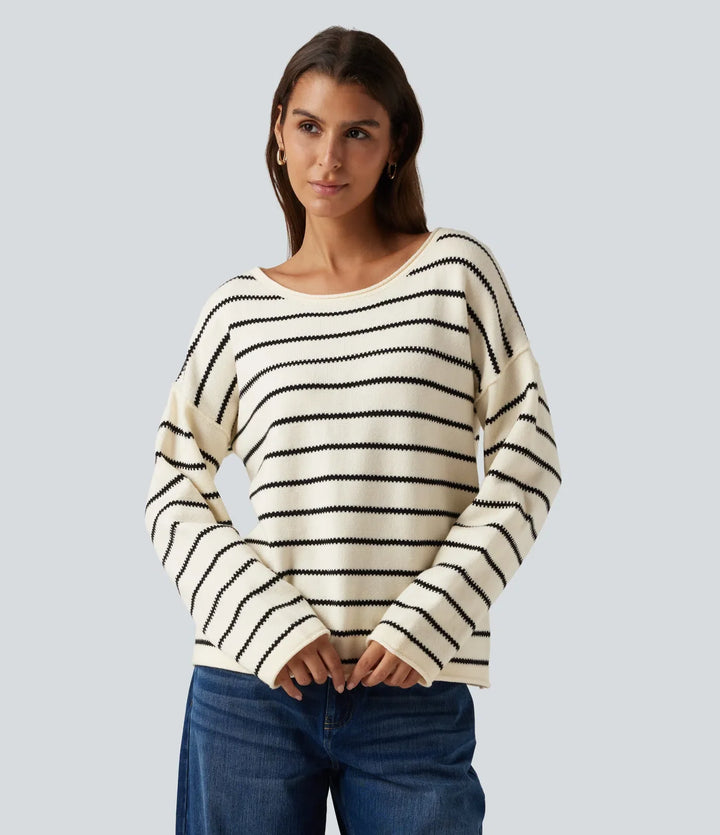 Båtringad långärmad randig upprullad fåll oversized vardaglig tröja