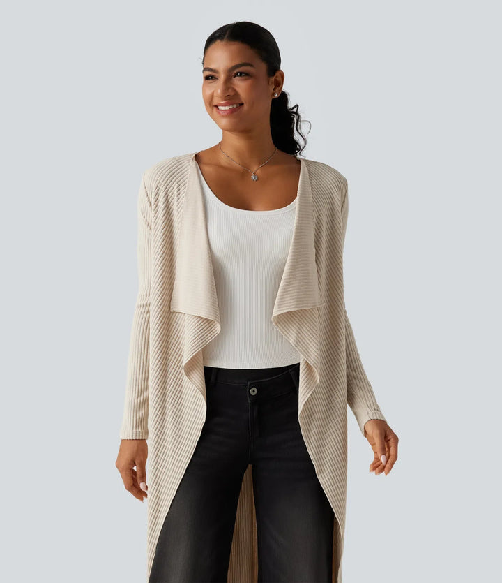 Ribbstickad öppen front långärmad vardaglig lång modell Waterfall cardigan med fickor
