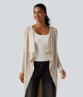 Ribbstickad öppen front långärmad vardaglig lång modell Waterfall cardigan med fickor