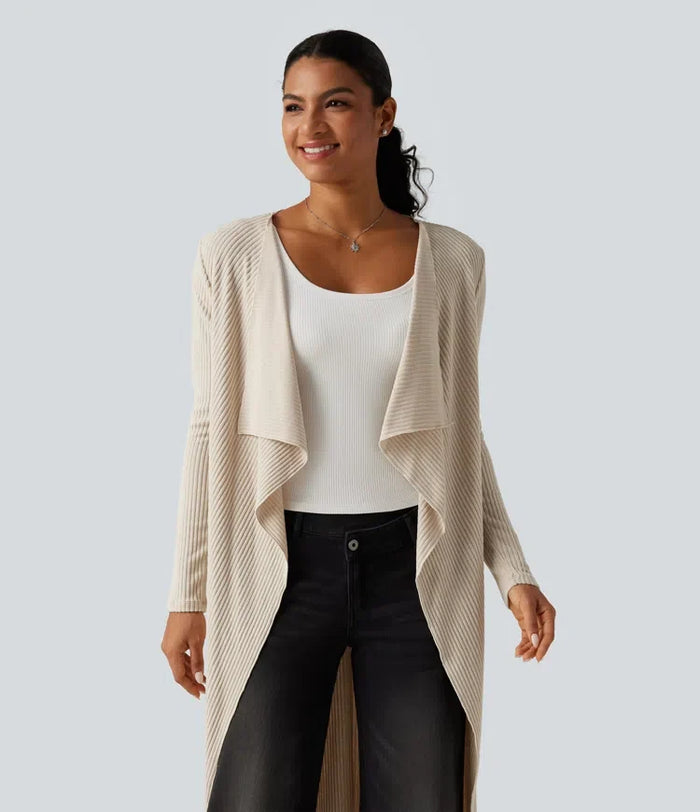Ribbstickad öppen front långärmad vardaglig lång modell Waterfall cardigan med fickor