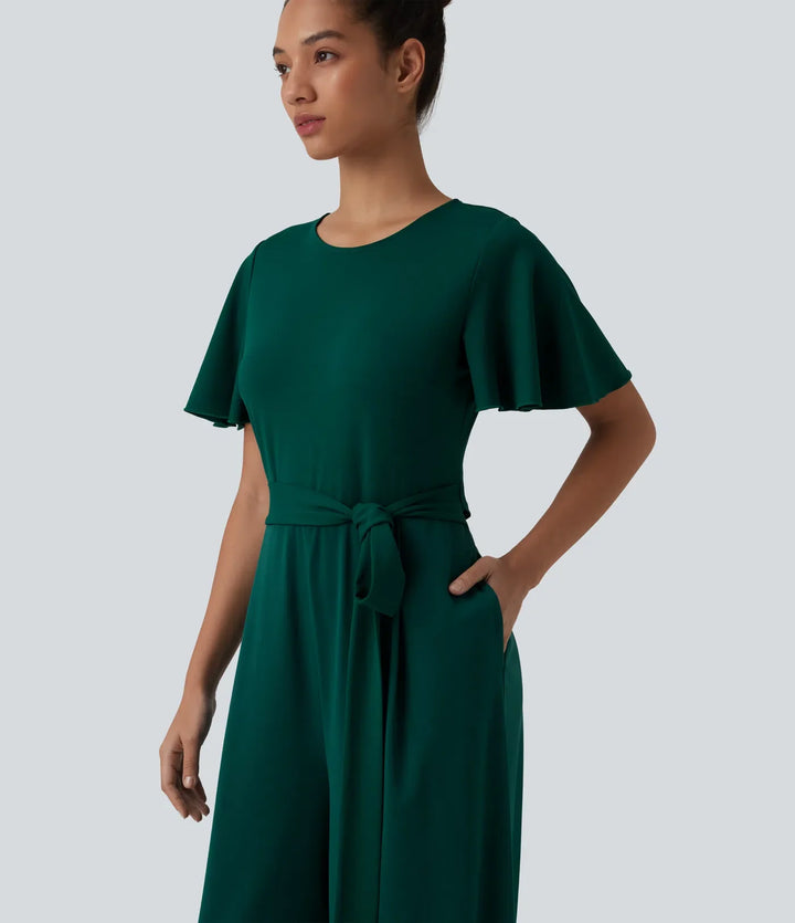 Rund halsringning kortärmad knytning framtill vida ben jumpsuit med fickor – Easy Peezy-utgåva