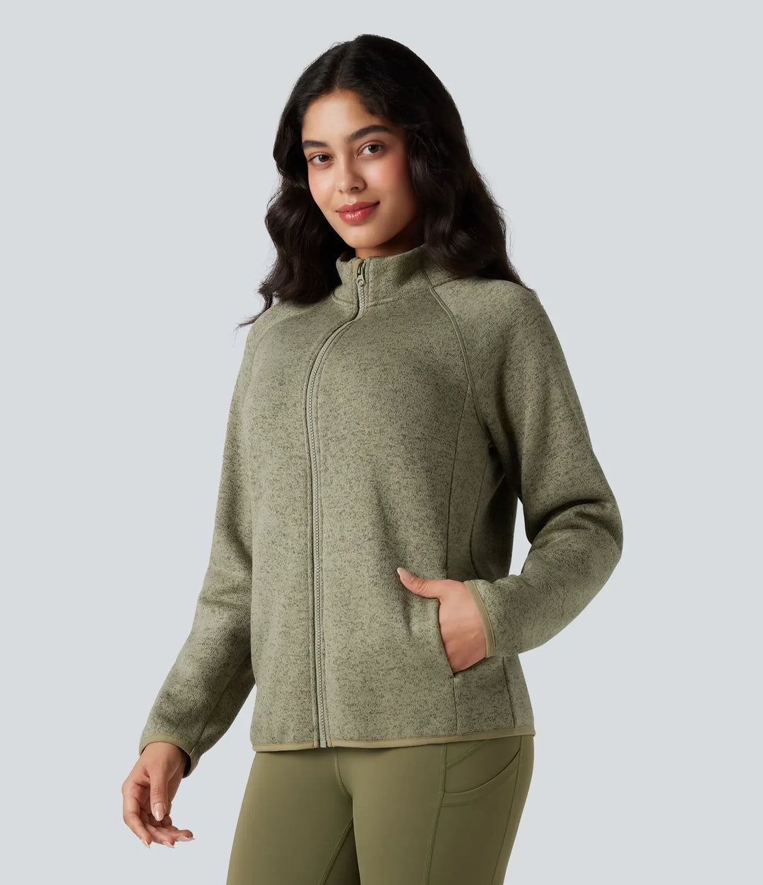 Ståkrage långärmad dragkedjegylf vandring fleece melerad jacka med fickor